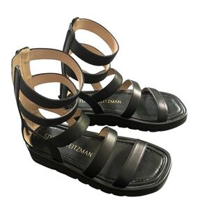Stuart Weitzman Gala Lift Black Gladiator Strappy Leather Platform Sandals 7